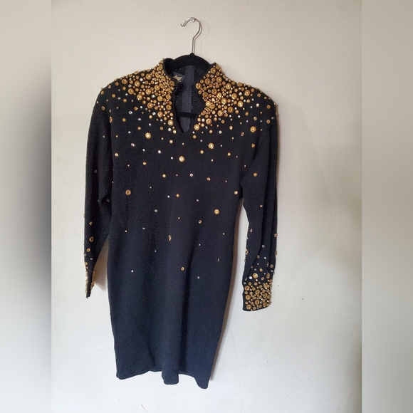 Vintage 80s Black Sweater Dress with Very Heavy beads!! Embellished - Picture 3 of 7